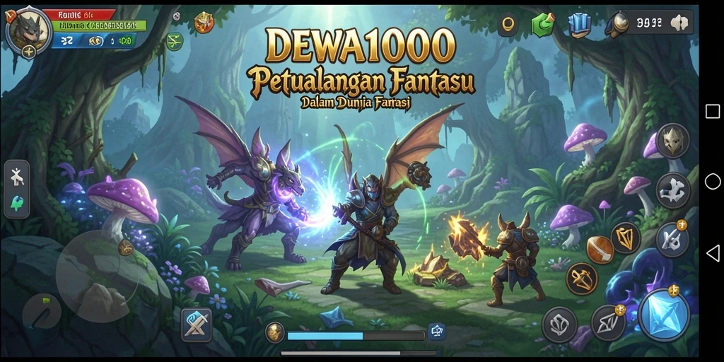 Antarmuka menampilkan karakter dan latar belakang yang fantastis dalam DEWA1000.