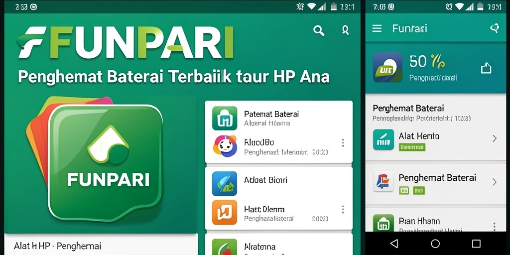 Tampilan antarmuka aplikasi Penghemat Baterai FUNPARI yang informatif.