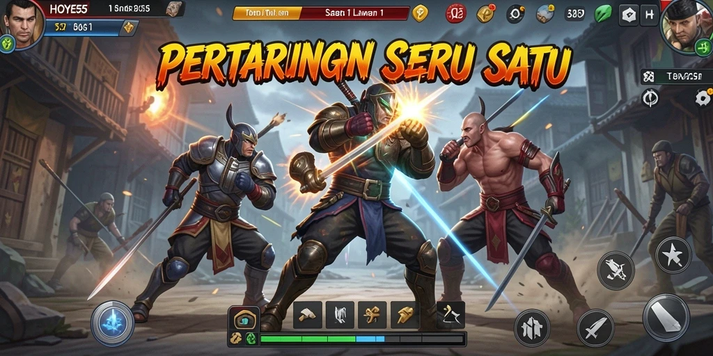Tampilan antarmuka HOYE55 dengan mode Tempur 1 Lawan 1 yang seru.