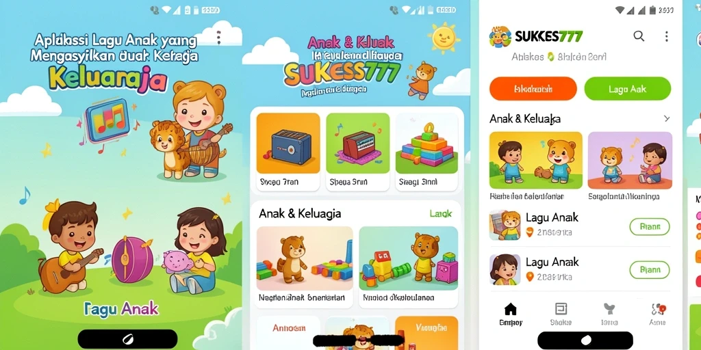 Tampilan antarmuka aplikasi SUKSES777 dengan lagu-lagu anak.